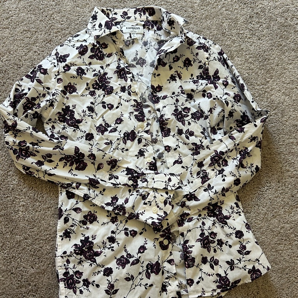 Express Purple and White Floral Men's Shirt Extra Slim Fit